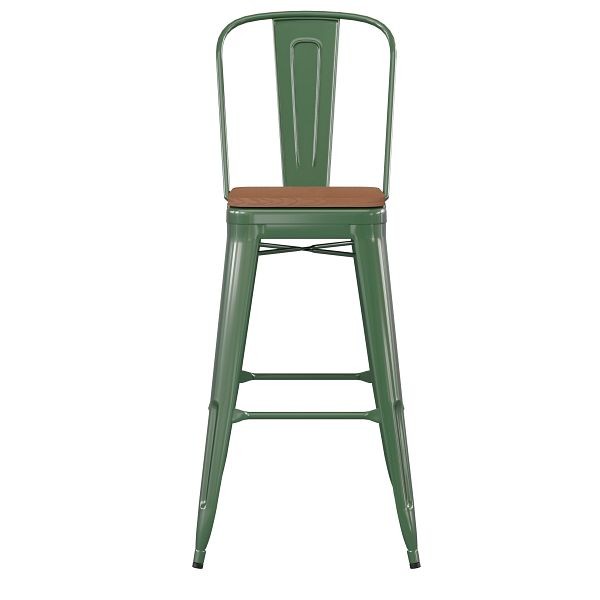 Flash Furniture Kai Commercial 30" Green Metal Indoor-Outdoor Bar Height Stool, Removable Back, Teak Poly Resin Seat, CH-31320-30GB-GN-PL2T-GG