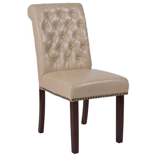 Flash Furniture HERCULES Series Beige LeatherSoft Parsons Chair with Rolled Back, Accent Nail Trim and Walnut Finish, BT-P-BG-LEA-GG