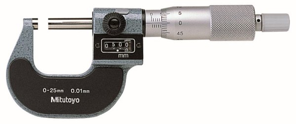 Mitutoyo Center Micrometer, 0-25mm, .01mm, Carbide Tipped, Ratchet Stop, 193-101