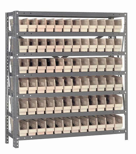 Quantum Storage Systems Shelving Unit, 12x36x39", 400 lb capacity per shelf (7), 72 QSB100 ivory black bins, cross bars, galvanized steel, 1239-100IV