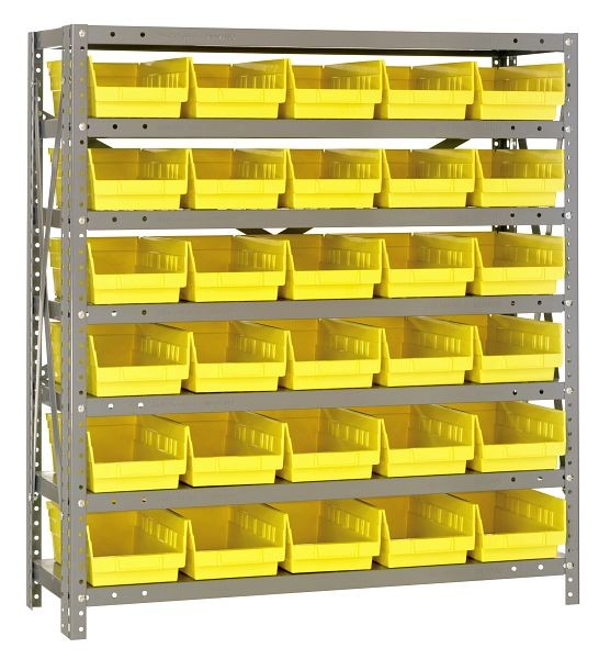 Quantum Storage Systems Shelving Unit, 12x36x39", 400 lb capacity per shelf (7), 30 QSB102 yellow black bins, galvanized steel, 1239-102YL