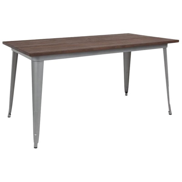Flash Furniture Kenneth 30.25" x 60" Rectangular Silver Metal Indoor Table with Walnut Rustic Wood Top, CH-61010-29M1-SIL-GG