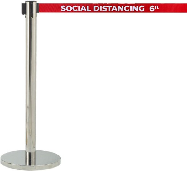 AARCO Form-A-Line™ System with 7' Belt, Chrome Finish with Printed Red Belt, "SOCIAL DISTANCING 6FT", HC-7PRD