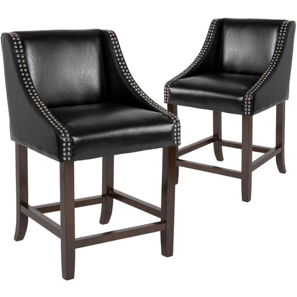 Flash Furniture Carmel Series 24" High Transitional Walnut Counter Height Stool with Nail Trim in Black LeatherSoft, Set of 2, 2-CH-182020-24-BK-GG
