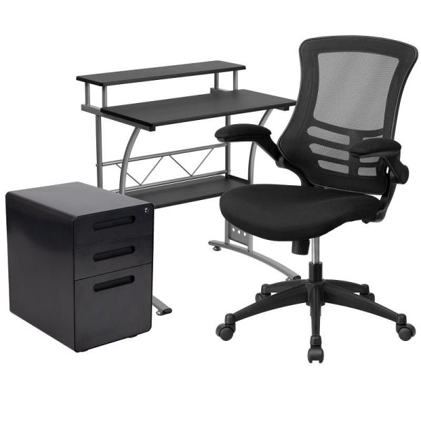 Flash Furniture Calder Work From Home Kit-Black Computer Desk, Ergonomic Mesh Office Chair & Mobile Filing Cabinet with Inset Handles, BLN-CLIFAPPX5-BK-GG