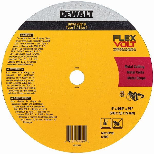 DeWalt 9" x 5/64" x 7/8 T1 Flexvolt Cutoff Wheel, DWAFV8918
