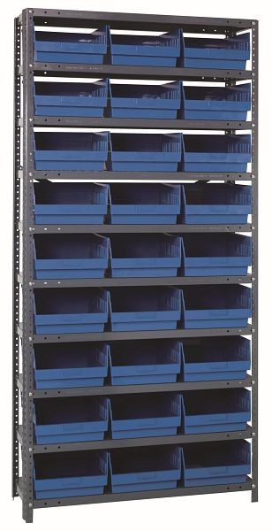 Quantum Storage Systems Shelving Unit, 18x36x75", 400 lb capacity per shelf (13), 27 QSB210 blue black bins, galvanized steel, 1875-210BL