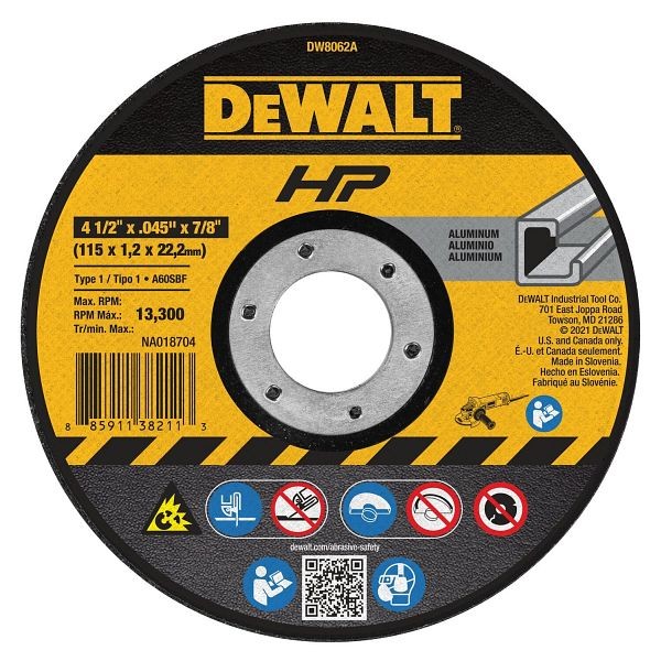 DeWalt 4-1/2" x.045" x 7/8" HP T1 Aluminum Cutting, DW8062A