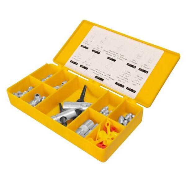 ProLube Metric and SAE Grease Fittings and Assortment Kit, 65pc, includes Two Professional 4-Jaw Couplers, 43986