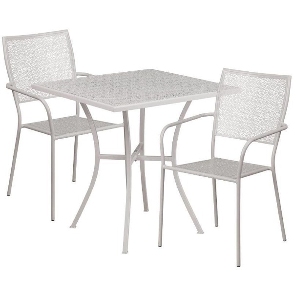 Flash Furniture Oia Commercial Grade 28" Square Light Gray Indoor-Outdoor Steel Patio Table Set with 2 Square Back Chairs, CO-28SQ-02CHR2-SIL-GG