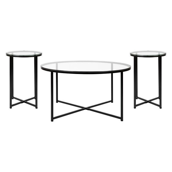 Flash Furniture Greenwich Collection Coffee and End Table Set - Clear Glass Top with Matte Black Frame - 3 Piece Occasional Table Set, NAN-CEK-1786-BK-GG