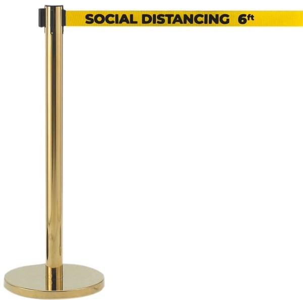 AARCO Form-A-Line™ System with 7' Belt, Brass Finish with Printed Yellow Belt, "SOCIAL DISTANCING 6FT", HB-7PYE