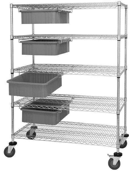 Quantum Storage Systems Bin Cart System, 36x24x69", 1200Lbs, (4)drawers with dividable grid gray container (DG92060), Chrome, WRC5-63-2436-92060GY