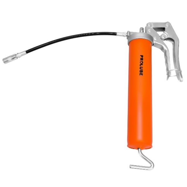 ProLube Pistol Grease Gun. Complete with Orange Pantone 021C powder coated barrel, flexible extension and standard 4 jaw coupler. Threaded 1 /8NPT, 42972