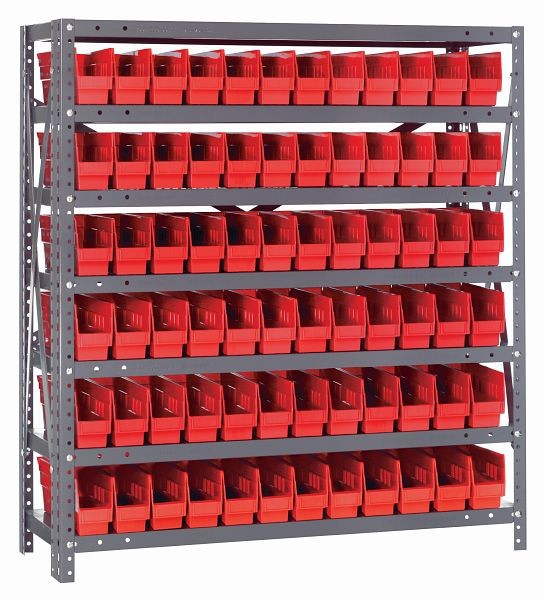 Quantum Storage Systems Shelving Unit, 12x36x39", 400 lb capacity per shelf (7), 72 QSB100 red black bins, cross bars, galvanized steel, 1239-100RD