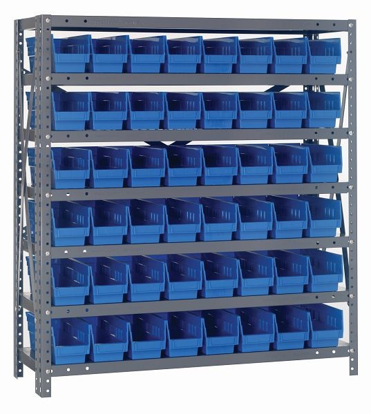 Quantum Storage Systems Shelving Unit, 12x36x39", 400 lb capacity per shelf (7), 48 QSB101 blue black bins, galvanized steel, 1239-101BL