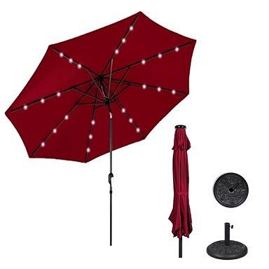 AZ Patio Heaters Solar Market Umbrella with LED Lights in Red with Base, MKC-UMB-R