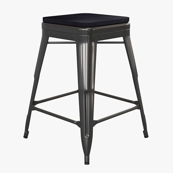 Flash Furniture Kai Commercial 24" High Backless Black Metal Indoor-Outdoor Counter Height Stool with Black Poly Resin Wood Seat, CH-31320-24-BK-PL2B-GG
