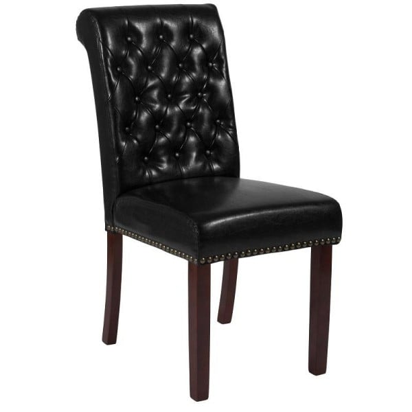 Flash Furniture HERCULES Series Black LeatherSoft Parsons Chair with Rolled Back, Accent Nail Trim and Walnut Finish, BT-P-BK-LEA-GG