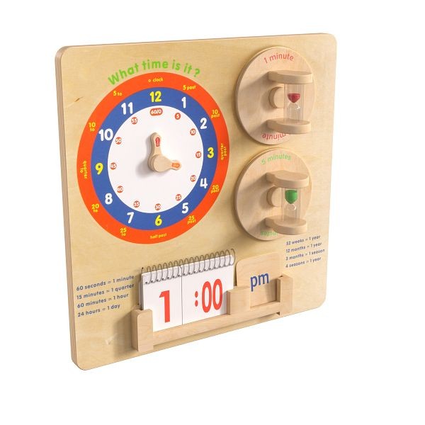 Flash Furniture Bright Beginnings Commercial Grade STEAM Wall Activity Board with Natural Finish and Multicolor Accents, Telling Time, MK-ME09609-GG