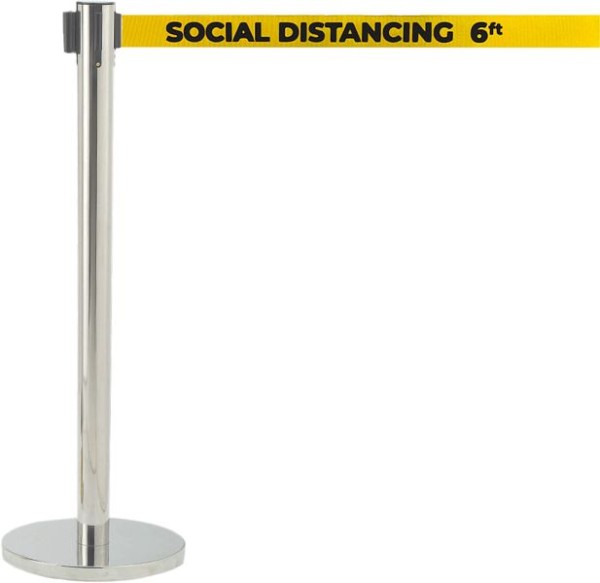 AARCO Form-A-Line™ System with 7' Belt, Satin Finish with Printed Yellow Belt, "SOCIAL DISTANCING 6FT", HS-7PYE