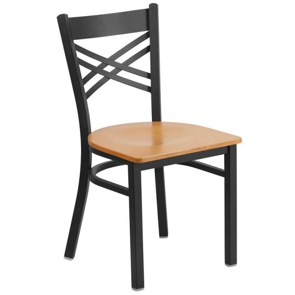 Flash Furniture HERCULES Series Black ''X'' Back Metal Restaurant Chair - Natural Wood Seat, XU-6FOBXBK-NATW-GG