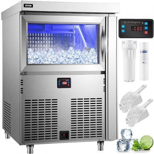 VEVOR 110V Commercial Ice Maker 200LBS/24H, Stainless Steel Under Counter with 100Lbs Storage, 80 Pieces Clear Cube, Blue Light, LICM-150P110V0VOKV1