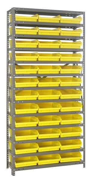 Quantum Storage Systems Shelving Unit, 12x36x75", 400 lb capacity per shelf (13), 36 QSB109 yellow black bins, cross bars, galvanized steel, 1275-109YL