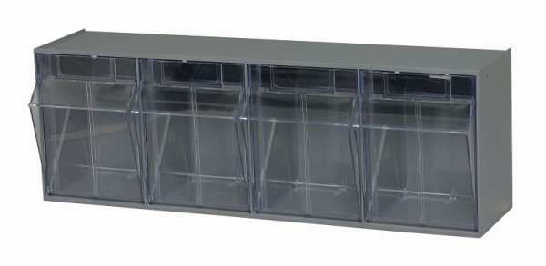 Quantum Storage Systems Tip Out Bin, (4) compartment, opens to a 45° angle, plastic clear container, polystyrene gray cabinet, QTB304GY