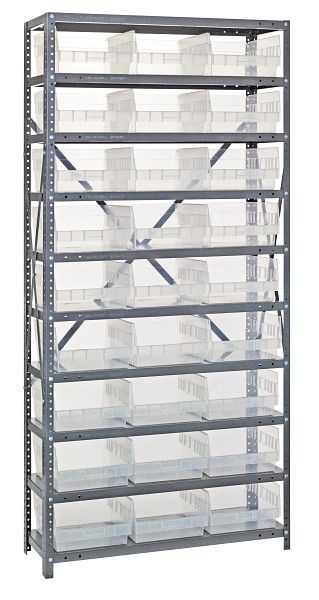 Quantum Storage Systems Shelving Unit, 18x36x75", 400 lb capacity per shelf (13), 27 QSB210 clear black bins, cross bars, galvanized steel, 1875-210CL