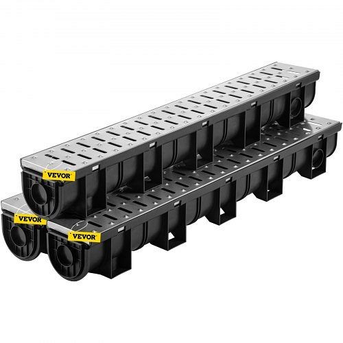 VEVOR Trench Drain System, Channel Drain with Metal Grate, 5.9x5.1", 3x39 Trench Drain Grate, with 3 End Caps, Driveway-3 Pack, PSBXGM100100387N0V0