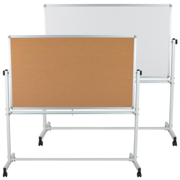 Flash Furniture HERCULES Series 62.5"W x 62.25"H Reversible Mobile Cork Bulletin Board and White Board with Pen Tray, YU-YCI-004-CK-GG
