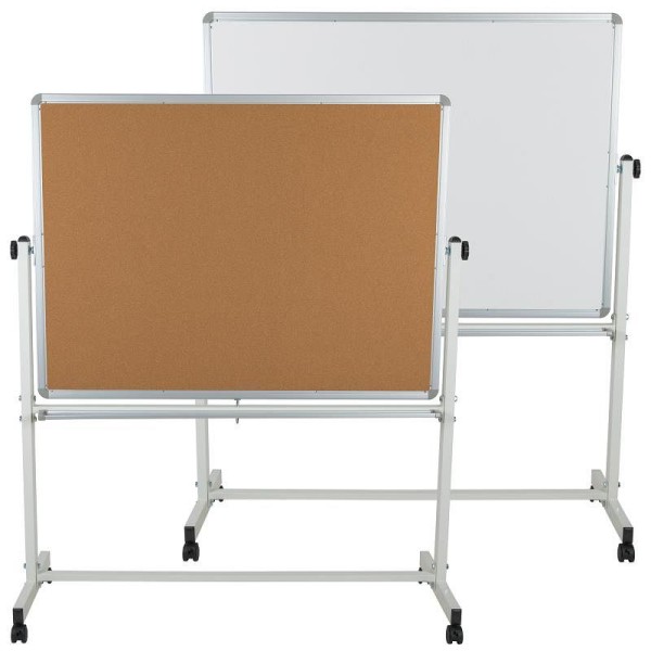 Flash Furniture HERCULES Series 53"W x 62.5"H Reversible Mobile Cork Bulletin Board and White Board with Pen Tray, YU-YCI-003-CK-GG