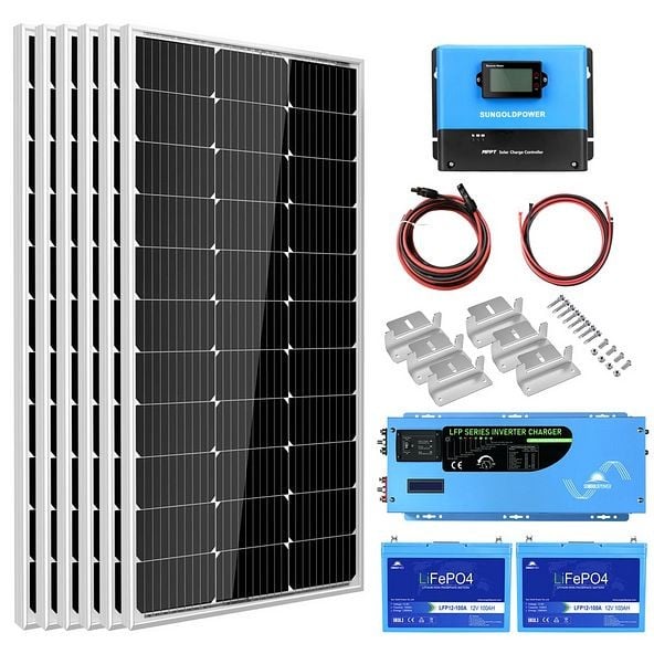SunGoldPower Off Grid Solar Kit 3000W Inverter 12VDC 120V Output LiFePO4 Battery 600 Watt Solar Back Up, 2 Batteries 100 AH, SGK- PRO3100ah