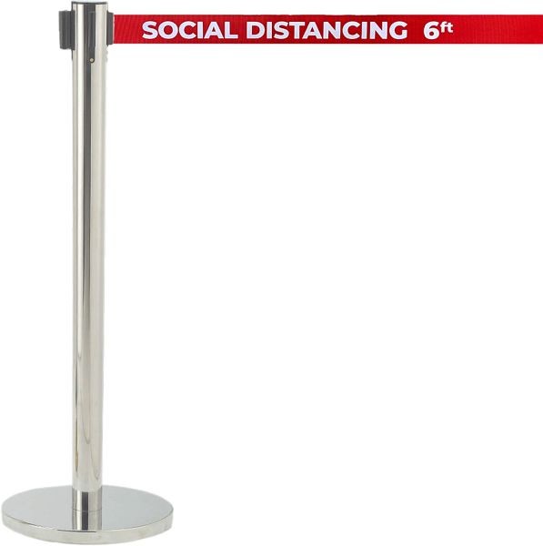AARCO Form-A-Line™ System with 7' Belt, Satin Finish with Printed Red Belt, "SOCIAL DISTANCING 6FT", HS-7PRD