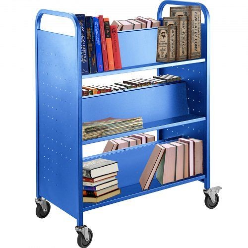 VEVOR Book Cart Library Cart 200lb with Double Sided W-Shaped Sloped Shelves in Blue, TSGTCSCWXSMLS0001V0
