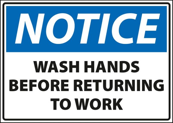 Marahrens Sign Caution - wash hands before returning to work, rigid plastic, Size: 10 x 7 inch, MA0023.010.21