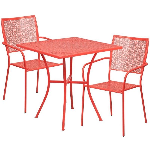Flash Furniture Oia Commercial Grade 28" Square Coral Indoor-Outdoor Steel Patio Table Set with 2 Square Back Chairs, CO-28SQ-02CHR2-RED-GG