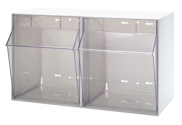 Quantum Storage Systems Tip Out Bin, (2) compartment, opens to a 45° angle, plastic clear container, polystyrene white cabinet, QTB302WT