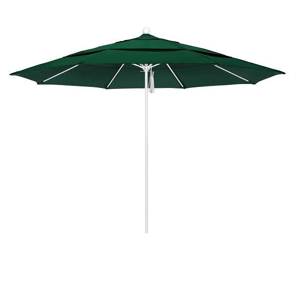 California Umbrella 11' Venture Series Patio Umbrella, Matted White Aluminum Pole, Pulley Lift, Sunbrella 1A Forest Green Fabric, ALTO118170-5446-DWV