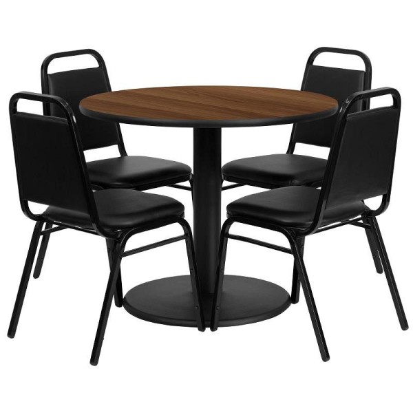 Flash Furniture Jamie 36'' Round Walnut Laminate Table Set with Round Base and 4 Black Trapezoidal Back Banquet Chairs, RSRB1004-GG