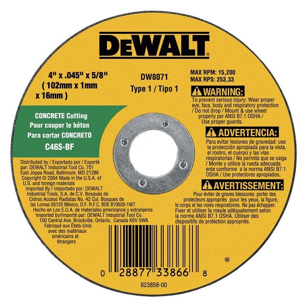 DeWalt 4" x 0.045" Thin Concrete/Masonry Type 1 Cutoff Wheel, DW8071
