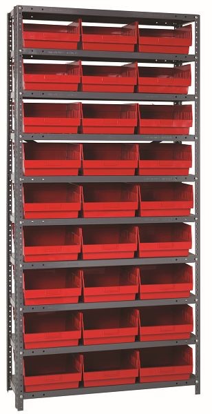 Quantum Storage Systems Shelving Unit, 18x36x75", 400 lb capacity per shelf (13), 27 QSB210 red black bins, galvanized steel, 1875-210RD