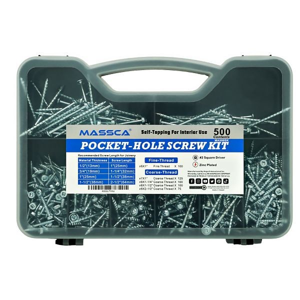 Massca Pocket-Hole Screw Kit 500 Units, Self Tapping Zinc Plated Screws, X002L7YAIJ