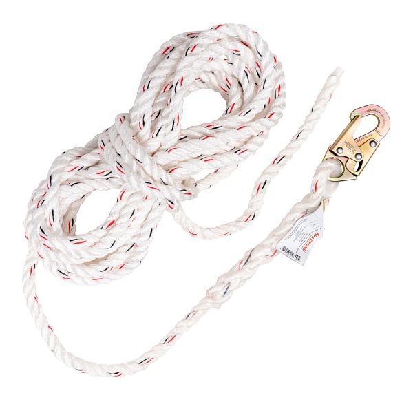 KStrong 50 ft. Vertical White Polydac Rope Lifeline, Locking Snap hook on anchor end, other end cut and taped, UFR200050