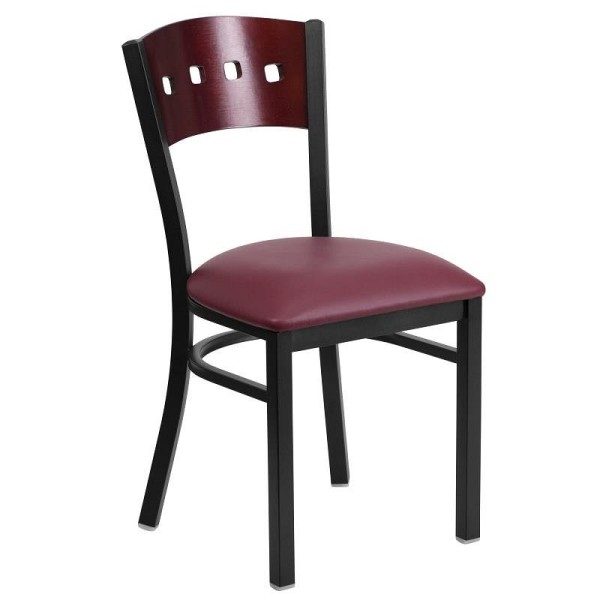 Flash Furniture HERCULES Series Black 4 Square Back Metal Restaurant Chair - Mahogany Wood Back, Burgundy Vinyl Seat, XU-DG-6Y1B-MAH-BURV-GG