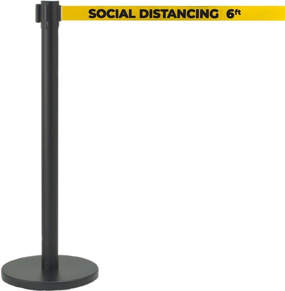 AARCO Form-A-Line™ System with 7' Belt, Black Finish with Printed Yellow Belt, "SOCIAL DISTANCING 6FT", HBK-7PYE