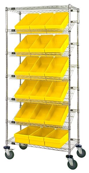 Quantum Storage Systems Bin Systems Unit, mobile, includes (7) wire shelves, (18) yellow bins (QED606) & (4) 5" casters, chrome finish, MWRS-7-606YL