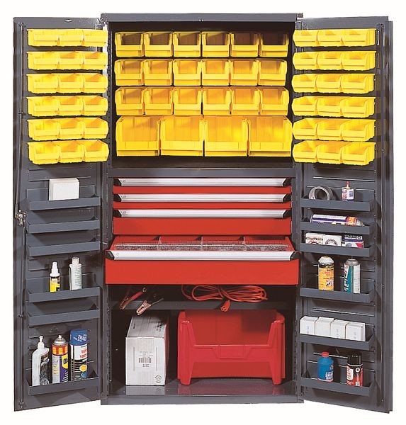 Quantum Storage Systems Heavy-Duty 36" Bin Cabinet, 800 lb. capacity, includes (58) removable yellow bins, gray finish, QSC-3672-4DYL