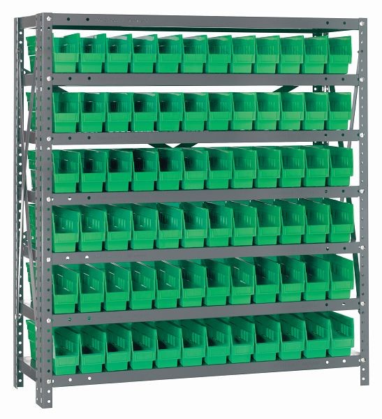 Quantum Storage Systems Shelving Unit, 12x36x39", 400 lb capacity per shelf (7), 72 QSB100 green black bins, cross bars, galvanized steel, 1239-100GN